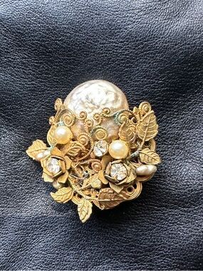 Miriam Haskell Floral Glass Pearl and Rhinestone Brooch